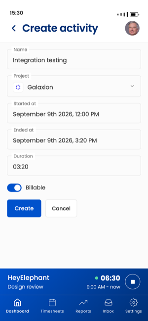 Le formulaire d'activité Sandtime.io sur iPhone, avec les champs projet, nom, début, fin et durée