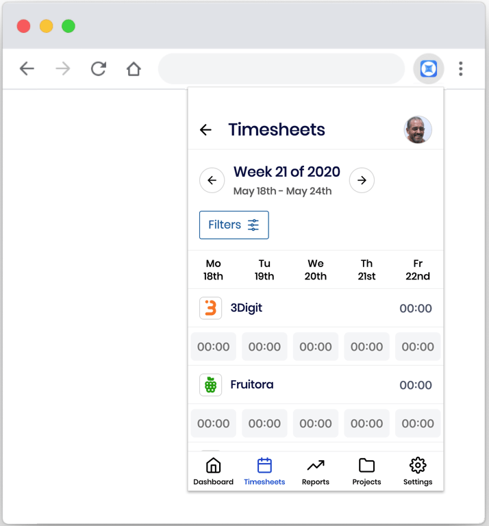 The extension popup showing the Timesheets view, with week navigation, a Filters button, and a weekday grid of per-project durations, above the Dashboard, Timesheets, Reports, Projects, and Settings navigation bar.