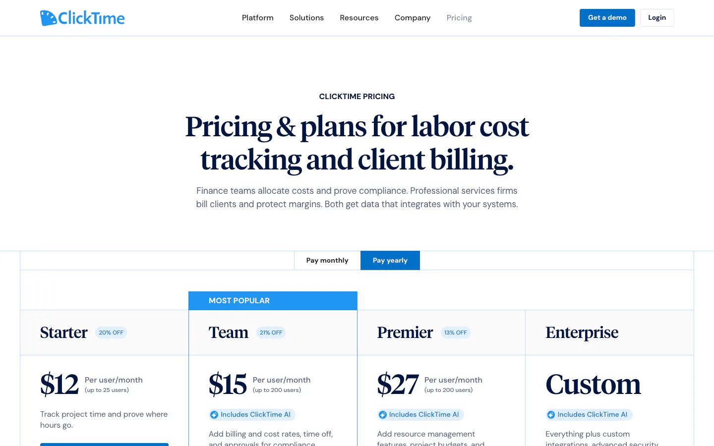 ClickTime pricing page on yearly billing with Starter at 12 dollars for up to 25 users, Team at 15 dollars, and Premier at 27 dollars per user per month for up to 200 users