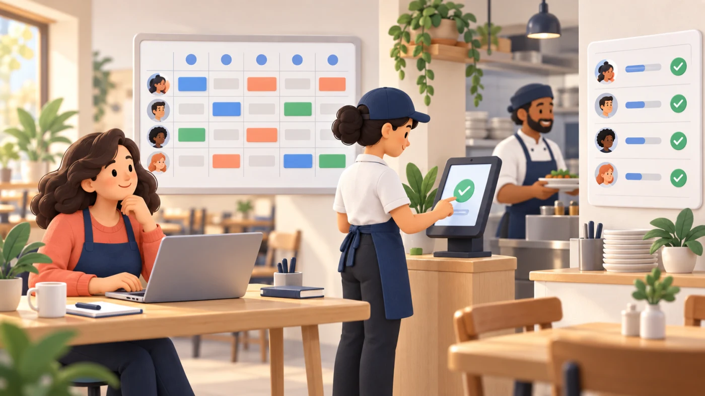 Illustration of a hospitality manager reviewing a staff schedule while an employee checks in and an approved work record is prepared