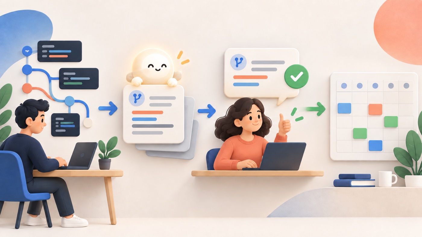 Editorial illustration of code commits and pull requests becoming an AI draft, passing through human approval, and reaching a weekly timesheet