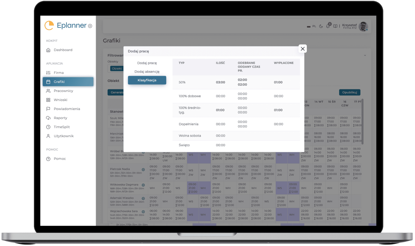 ePlanneR work classification dialog with 50% and 100% overtime, time off in lieu, and paid hours over a schedule