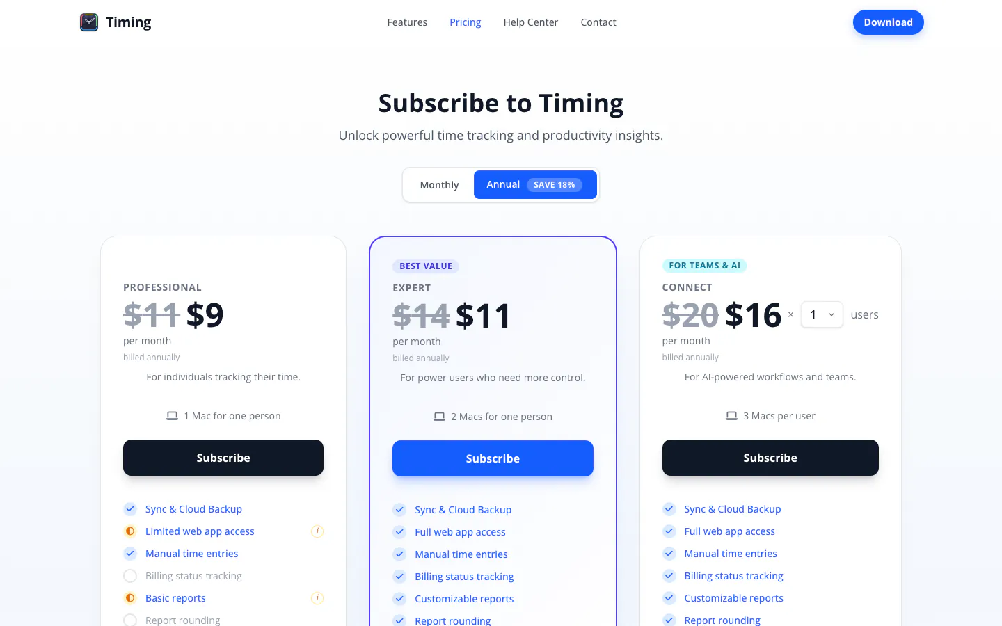 Timing pricing page on annual billing with Professional at 9 dollars for one Mac, Expert at 11 dollars for two Macs, and Connect at 16 dollars per user per month