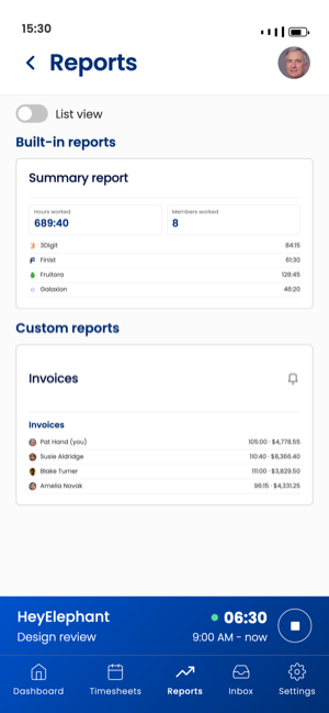 La liste des rapports Sandtime.io sur iPhone, avec le rapport de synthèse intégré et les rapports personnalisés