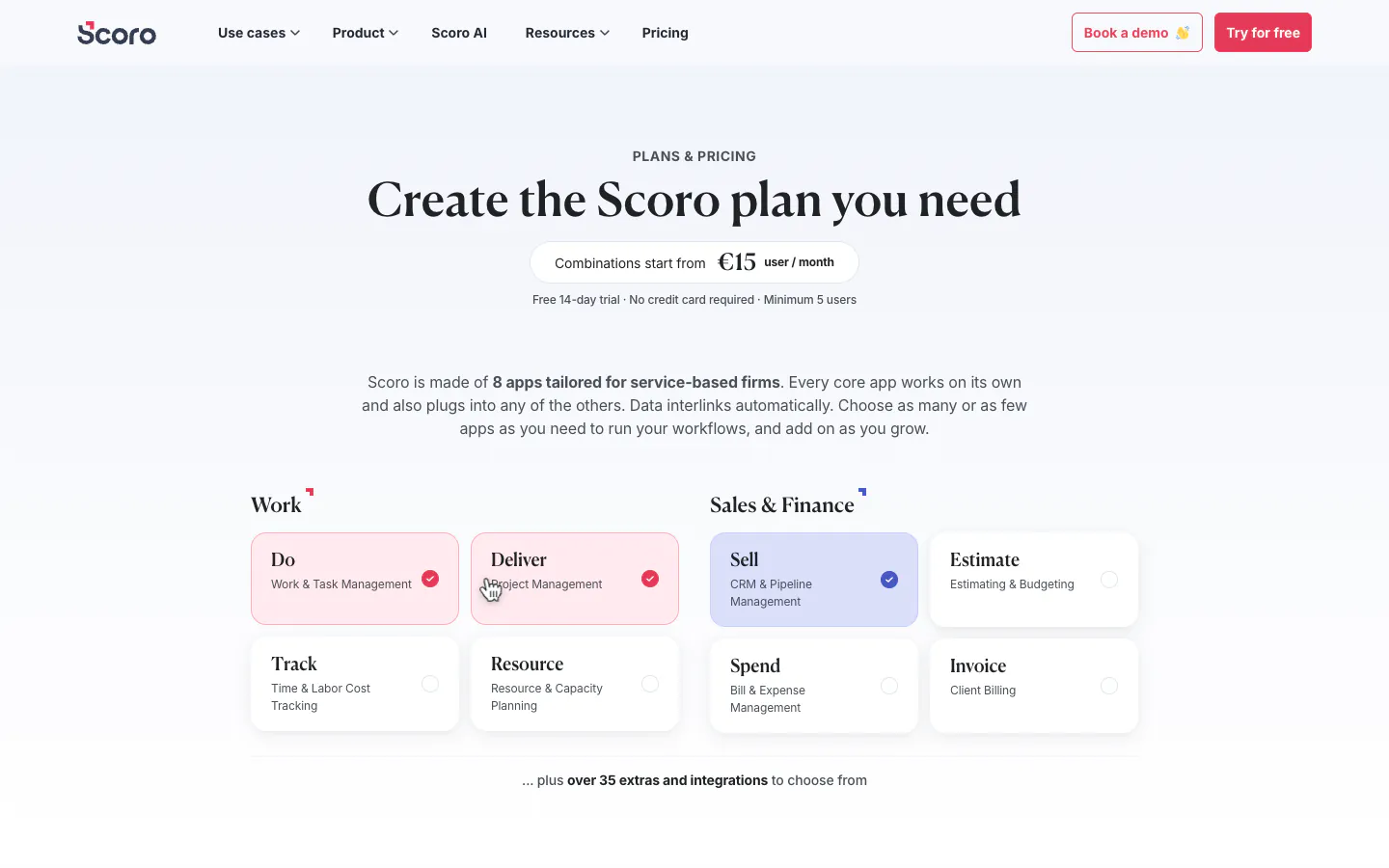 Scoro plan builder on its pricing page, with combinations starting from 15 euros per user per month, a 14-day trial, and a minimum of five users