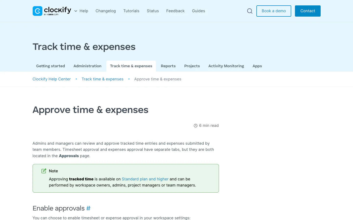 Clockify help center article on approving time and expenses, with a note that approving tracked time is available on the Standard plan and higher