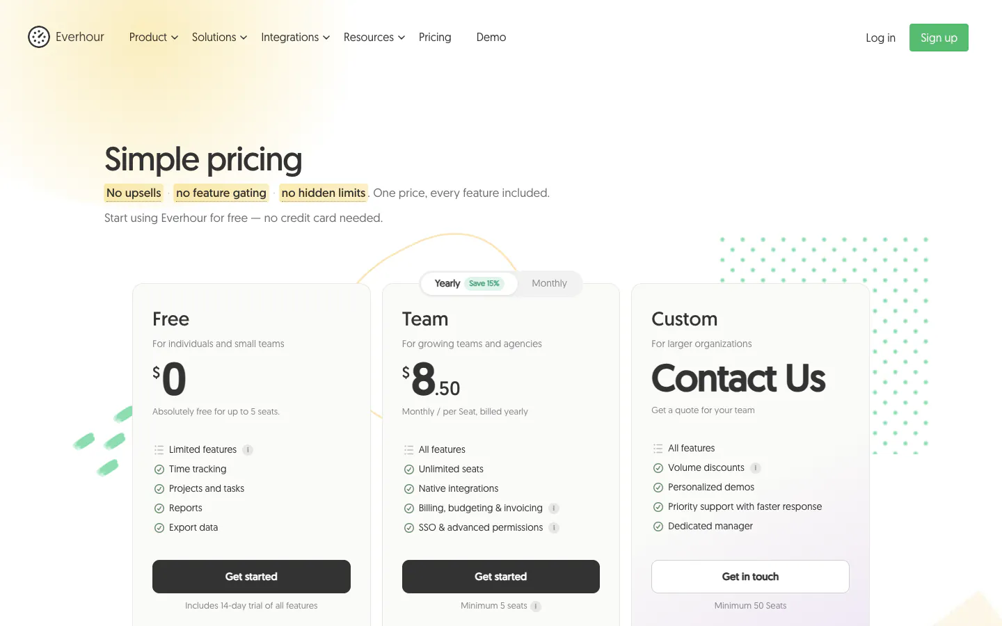 Everhour pricing page with a free plan for up to 5 seats and the Team plan at 8.50 dollars per seat per month billed yearly with a five-seat minimum
