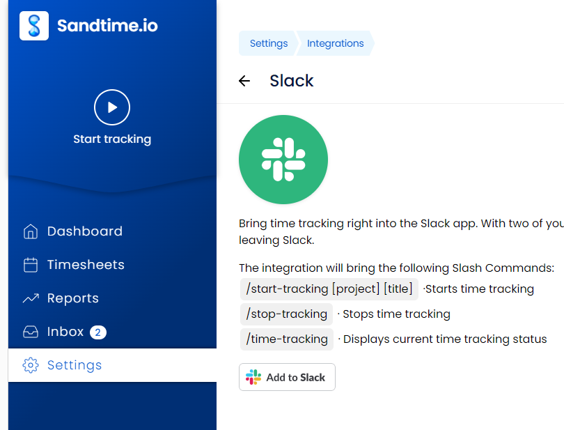The Slack page in Sandtime.io settings, listing the three slash commands the integration adds and an Add to Slack button below them.
