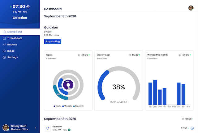 Sandtime.io time tracking dashboard: a form to start tracking time, charts of weekly and monthly working-time goals, and recent team activity below.