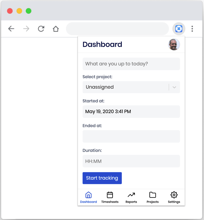The Sandtime.io extension popup open under the browser toolbar icon, showing a Dashboard view with a "What are you up to today?" field, a project selector set to Unassigned, Started at, Ended at, and Duration fields, and a Start tracking button.
