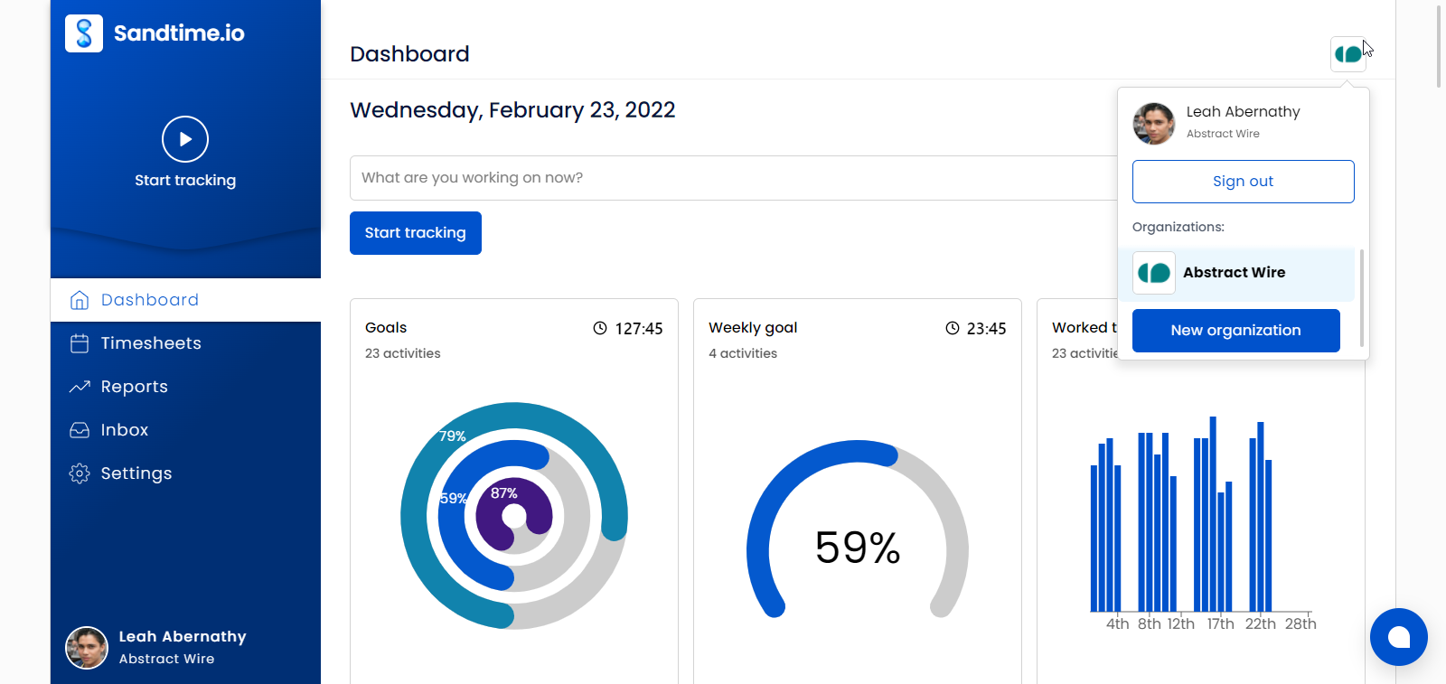 The Sandtime.io dashboard with the organization menu open in the top right corner, showing the signed-in person, a Sign out button, an Organizations list with the current organization highlighted, and a New organization button.