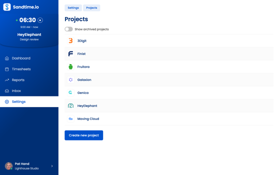 Lista projektów Sandtime.io na Macu ze wszystkimi projektami dostępnymi dla konta