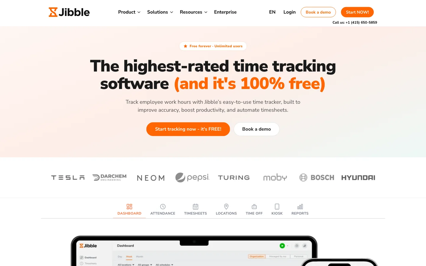 Oficjalna strona produktu Jibble z interfejsem ewidencji czasu na komputerze i urządzeniach mobilnych