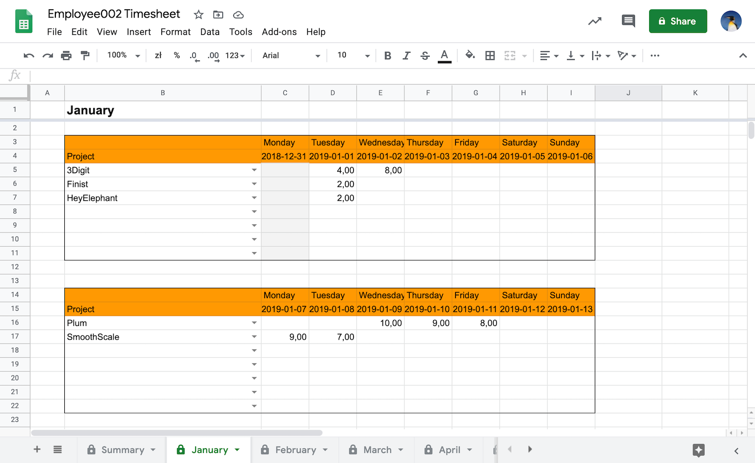 Example of the timesheet in a spreadsheet