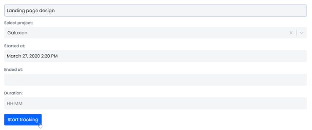 Time tracking form for starting a timer with a selected project and custom activity title.