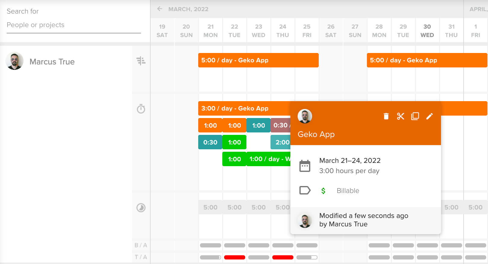 Teamdeck calendar with project time entries and an entry dialog tagged as billable