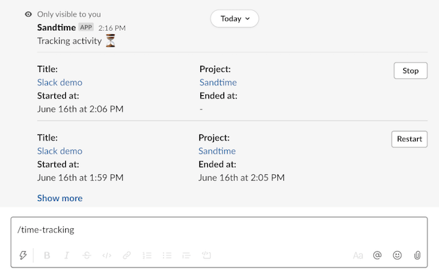 Slack message showing tracked activities and the Sandtime.io /time-tracking command.