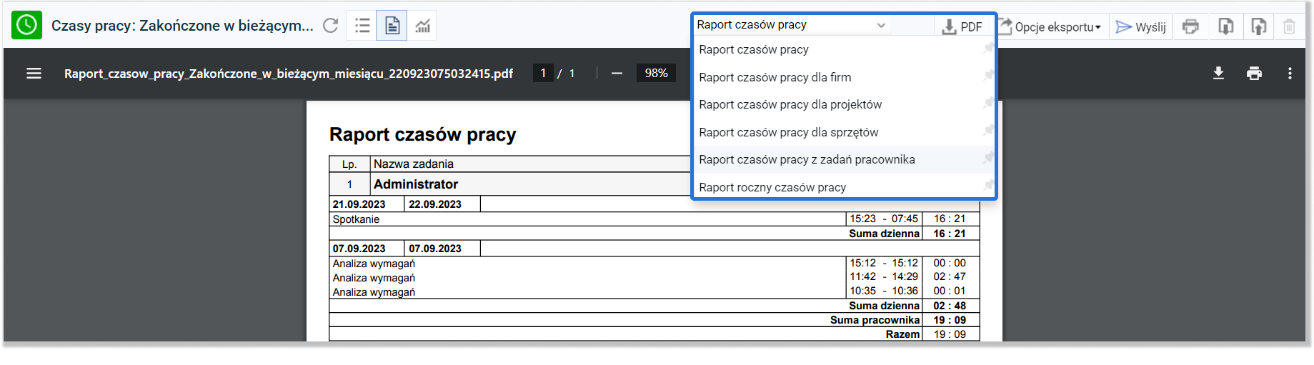 Firmao work-time report with tasks, time ranges, and daily totals