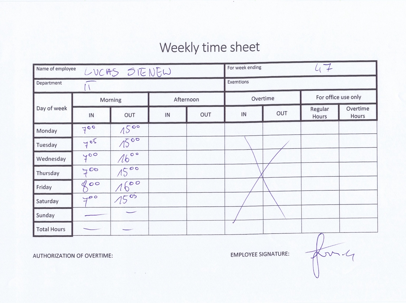 Łukasz Sienkiewicz’s handwritten weekly timesheet