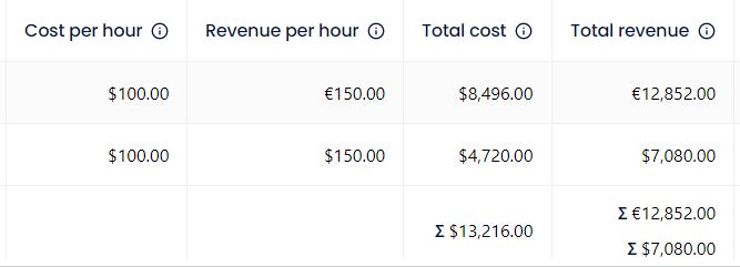 A report table with Cost per hour, Revenue per hour, Total cost, and Total revenue columns, where the Total revenue column ends in two separate sums - one in euros and one in dollars.
