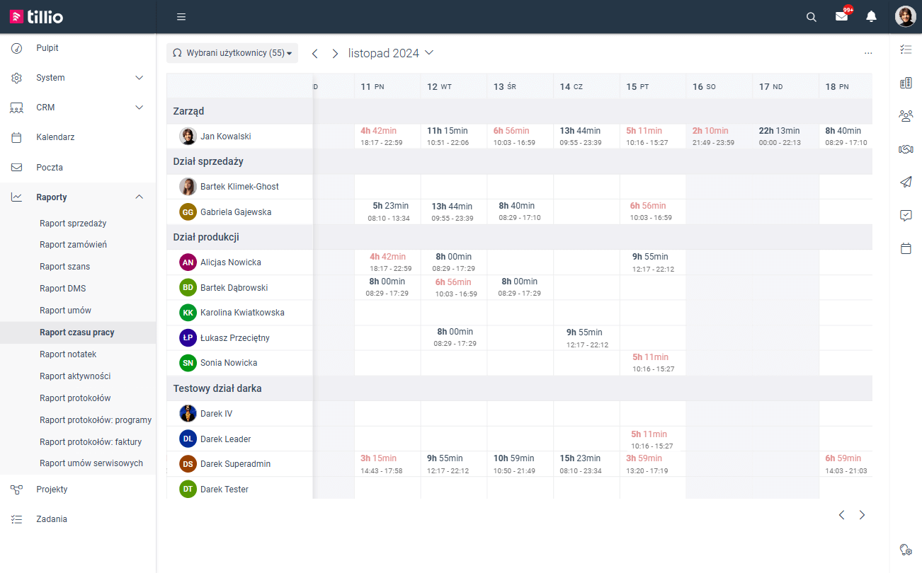 Tillio work-time report with employees by department and hours on consecutive days