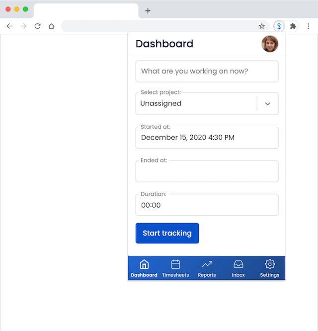 Sandtime.io Chrome extension showing a form to start tracking time for a selected project.