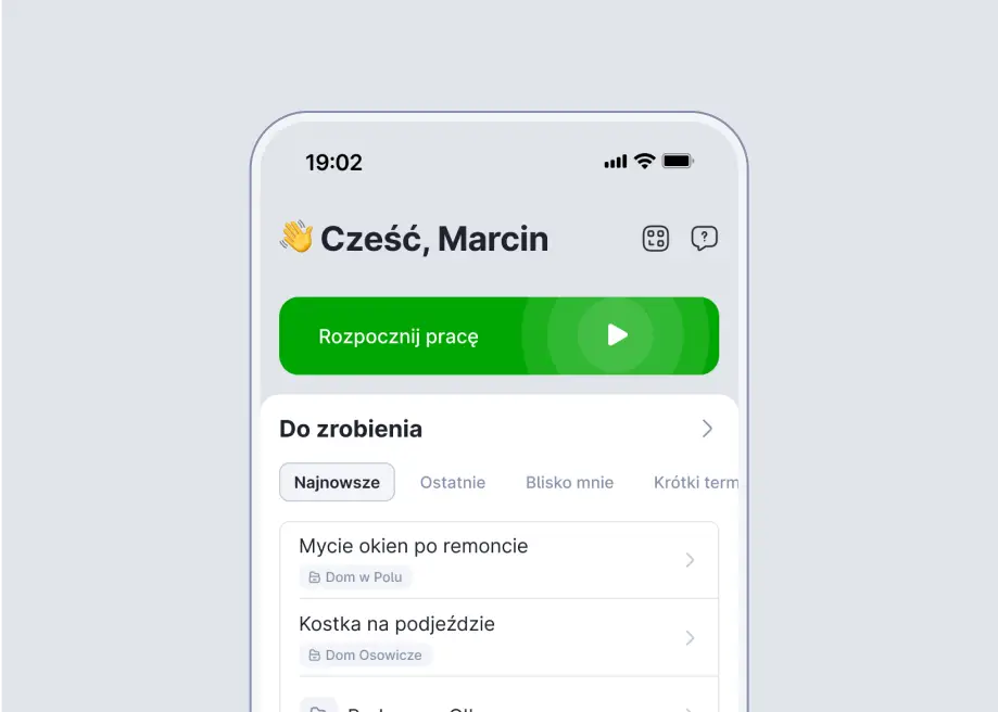 Moniti published mobile interface with a green start-work button and a task list