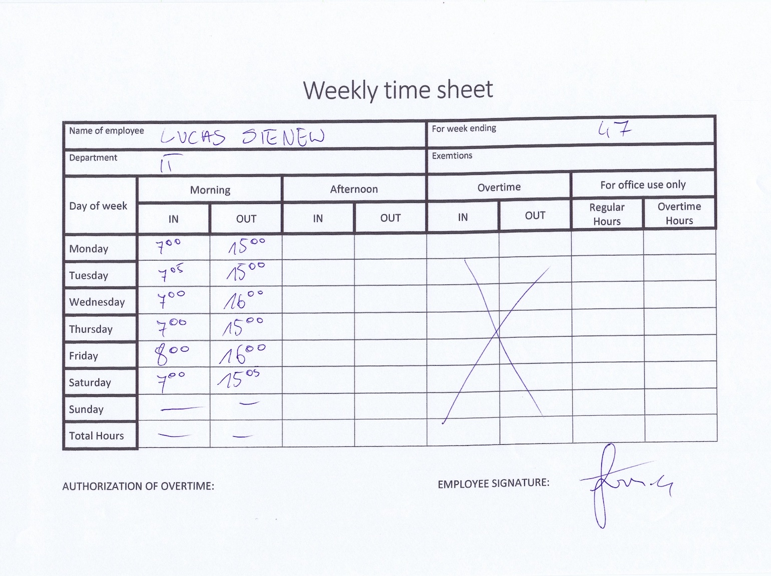 Example of the paper timesheet