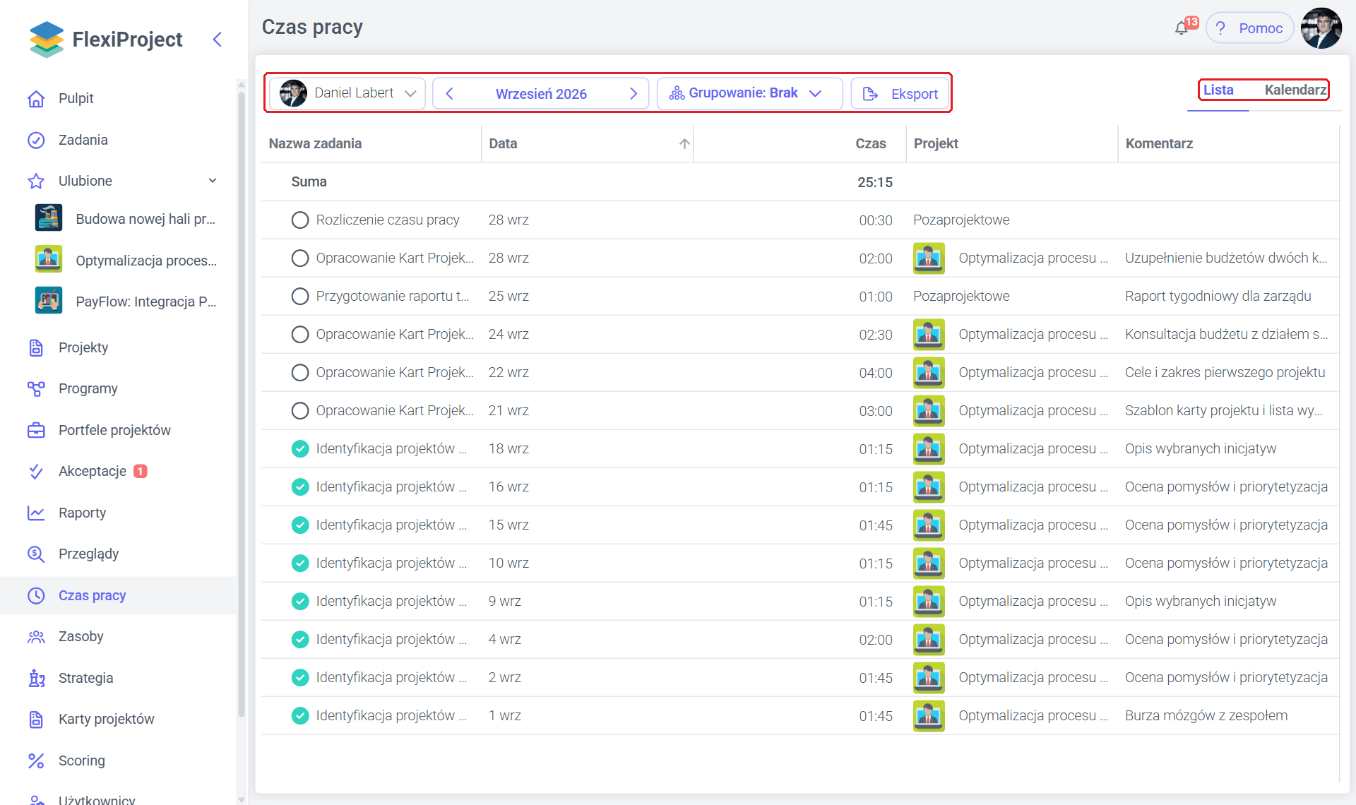 FlexiProject Czas pracy screen with a list of tasks, dates, durations, projects, and comments