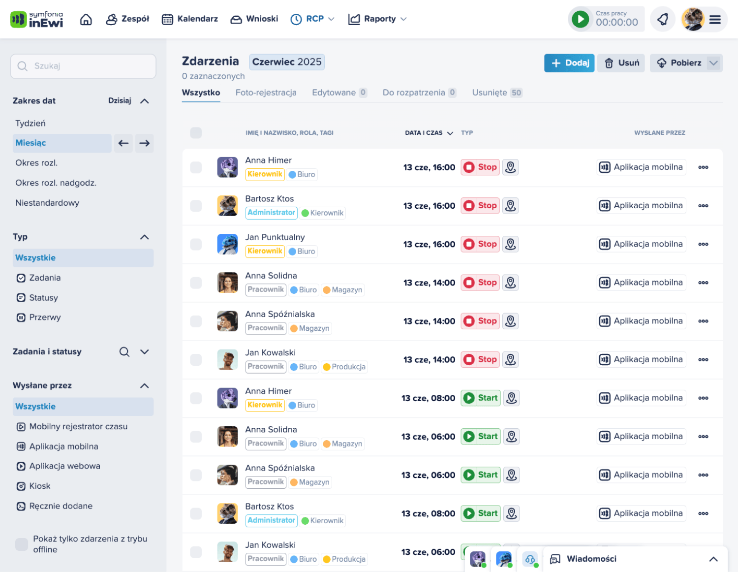 inEwi attendance event list with start and stop events, location icons, registration channels, and filters