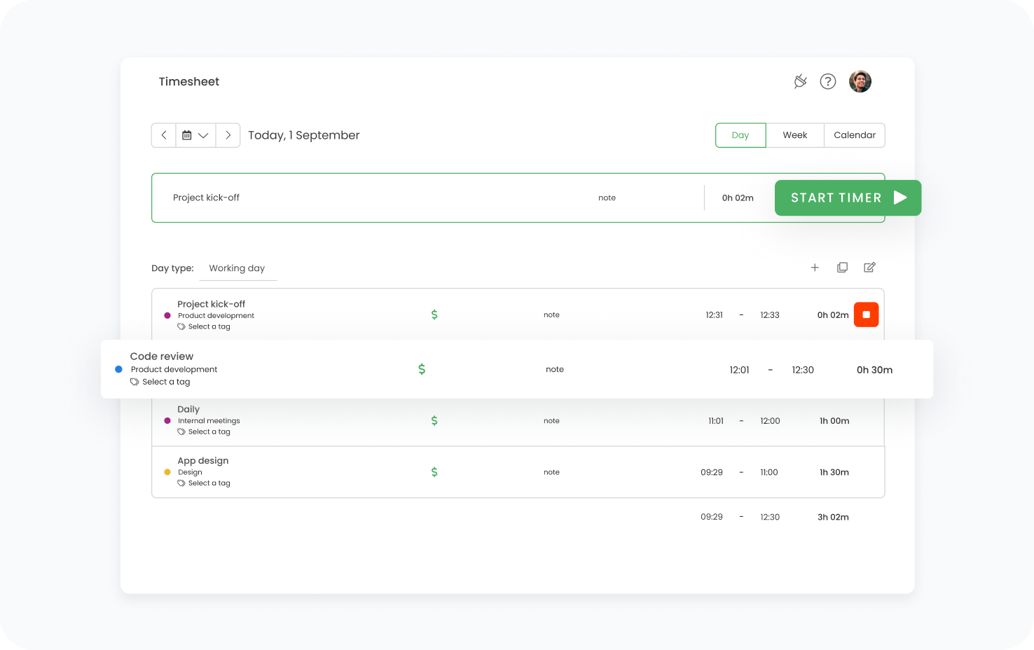 TimeCamp published timesheet demonstration with project entries, recorded durations, and a running timer