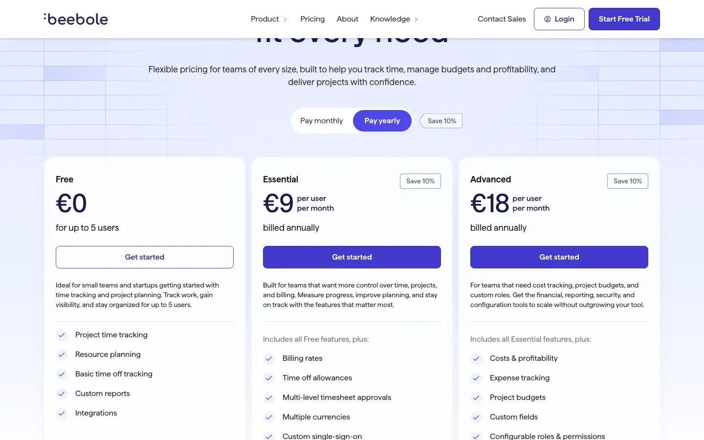Beebole pricing page with the Free, Essential, and Advanced plans and their per-user prices
