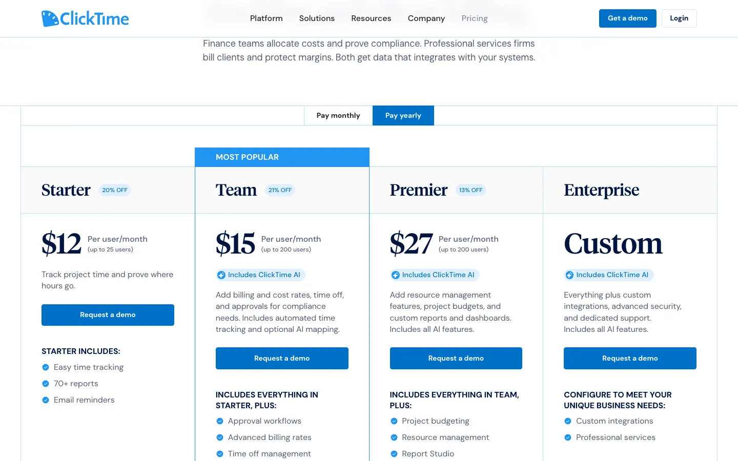ClickTime pricing page with the Starter, Team, Premier, and Enterprise plans and their per-user prices