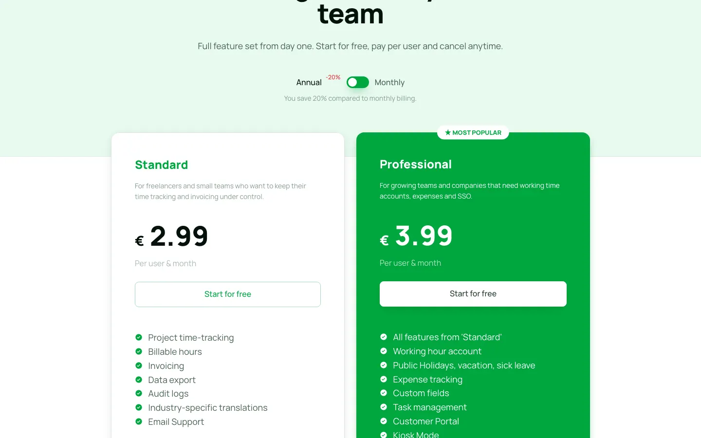 Kimai pricing page with the Standard and Professional Cloud plans and their per-user prices