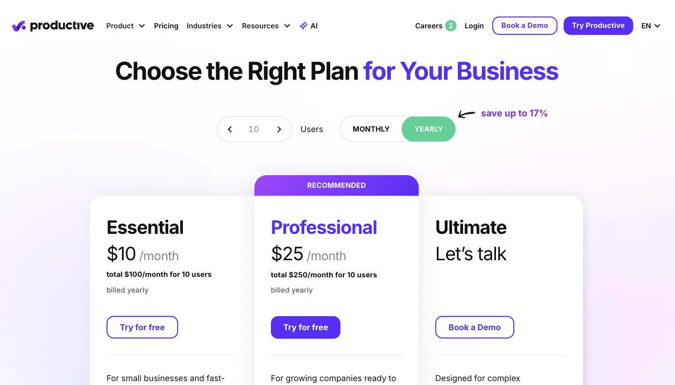 Productive pricing page with the Essential, Professional, and Ultimate plans and their per-user prices