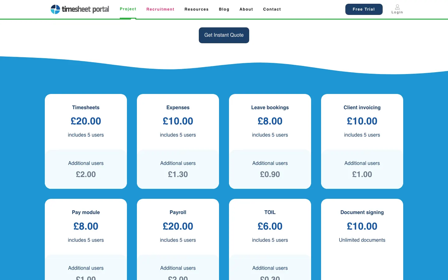Timesheet Portal Project pricing page with monthly module prices in pounds, each including five users