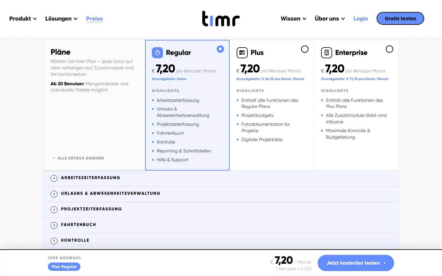 timr pricing page with the Regular, Plus, and Enterprise plans at €7.20 per user billed annually