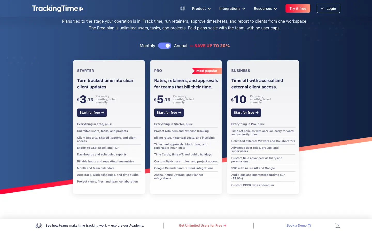 TrackingTime pricing page with the Starter, Pro, and Business plans and their per-user prices