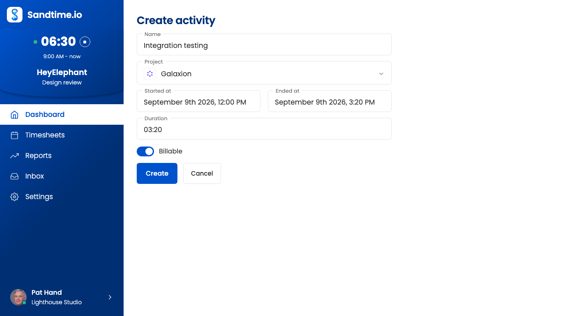 The Sandtime.io activity form on Windows, with fields for name, project, start, end and duration