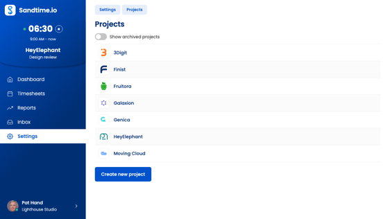 The Sandtime.io projects list on Windows, showing every project the account can reach