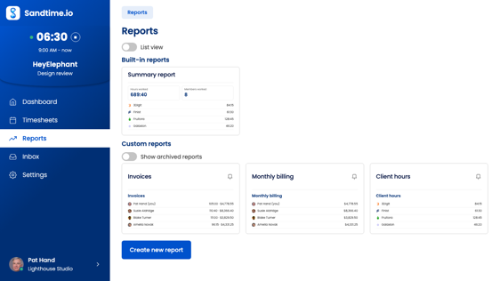 The Sandtime.io reports list on Windows, showing the built-in summary report and custom reports as tiles