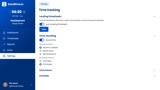 The Sandtime.io time tracking settings on Windows, showing rounding options and collapsible sections