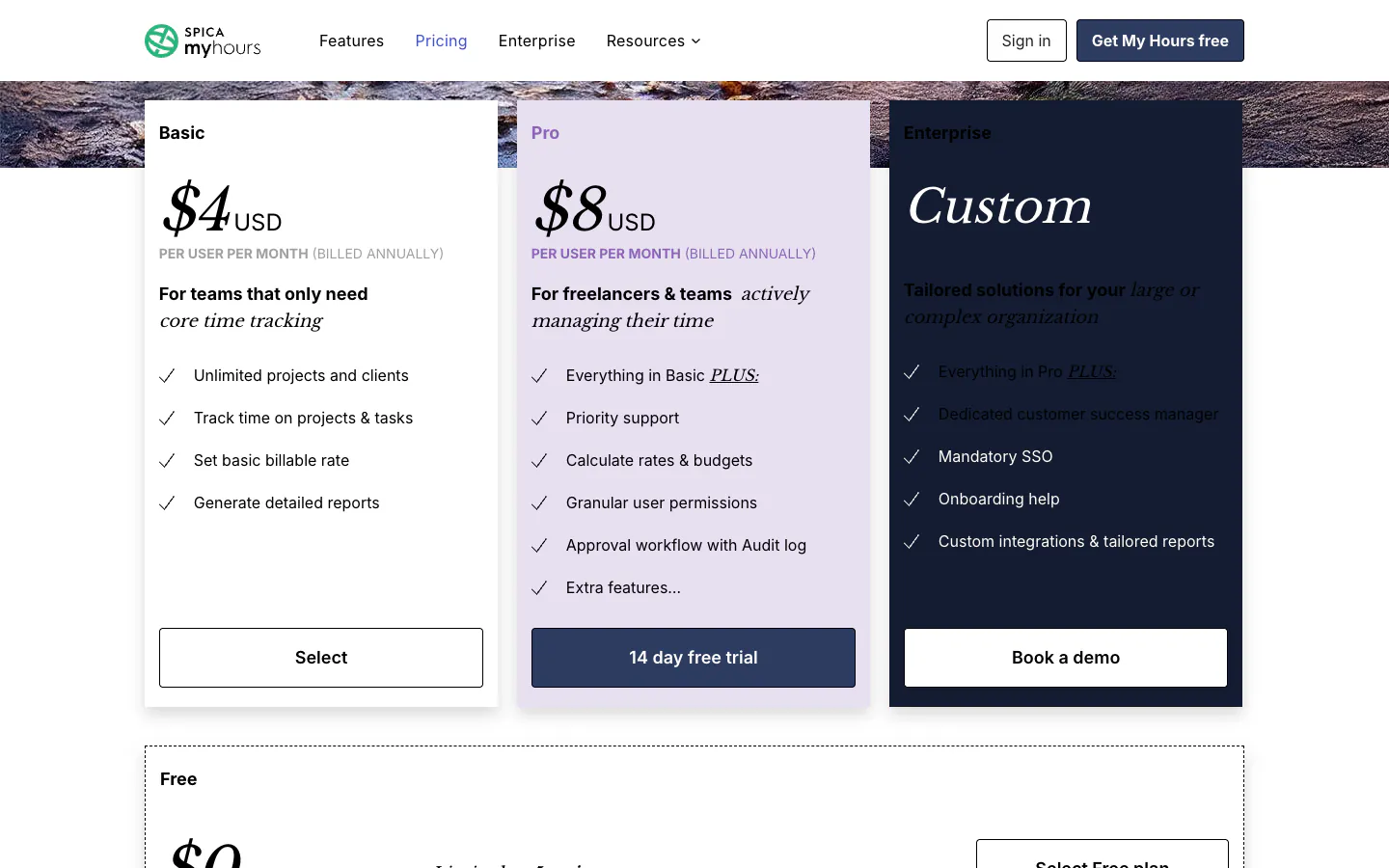 My Hours pricing page on annual billing with Basic at 4 dollars and Pro at 8 dollars per user per month, and an approval workflow with audit log listed under Pro