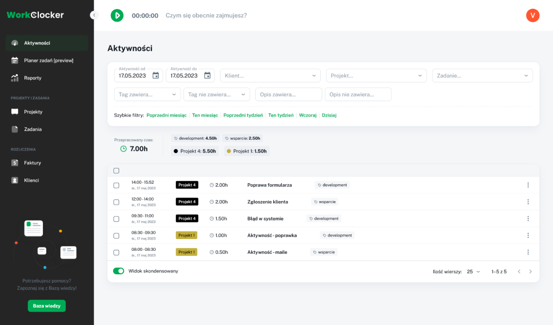 WorkClocker activities list with time entries by project, tags, and a timer bar