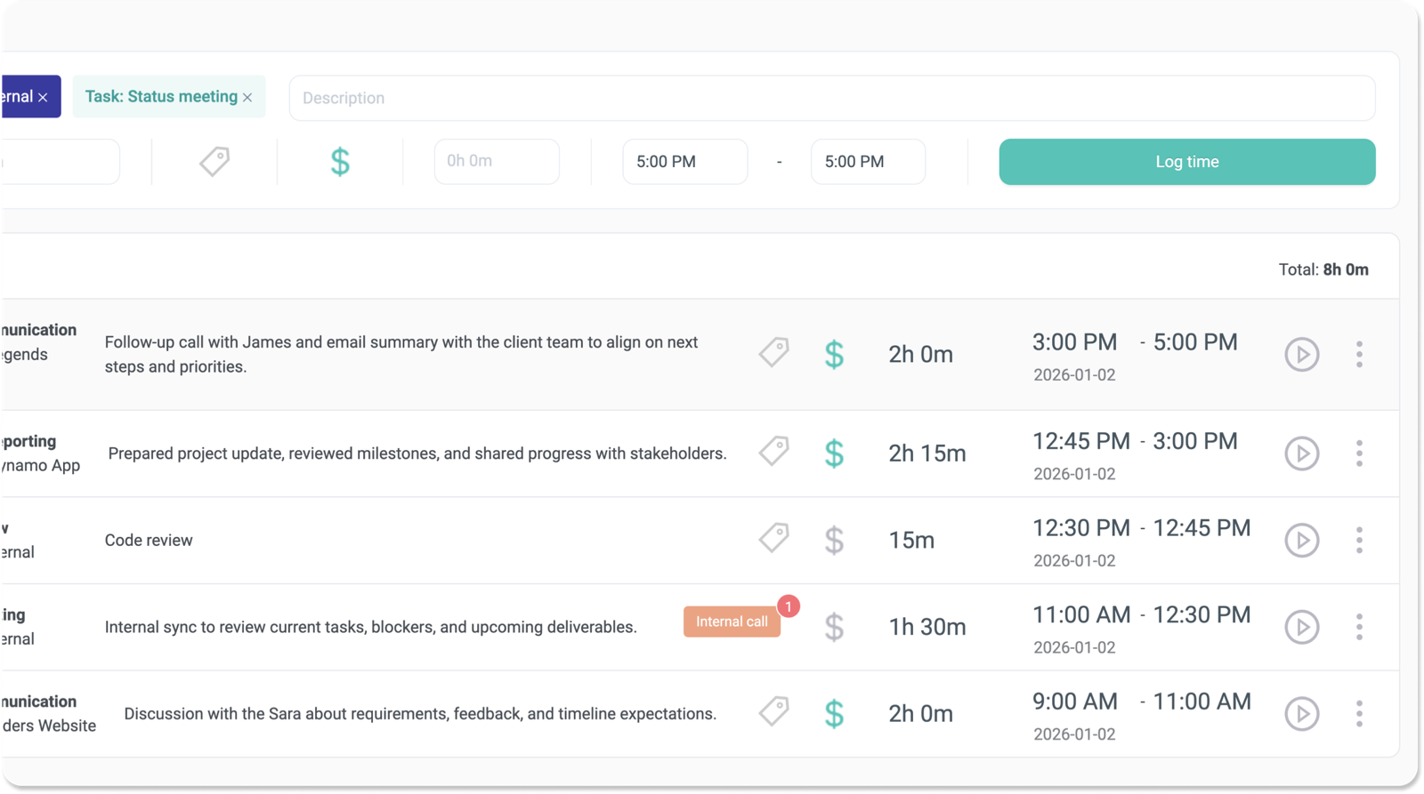 Timenotes time entry list with descriptions, durations, start and end times, and a Log time button