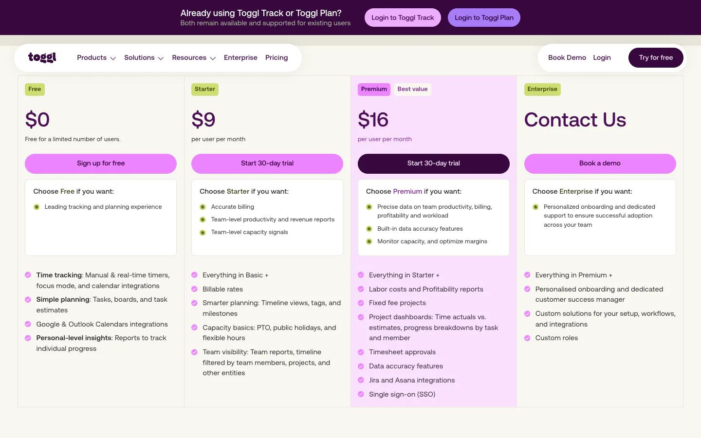 Toggl Track pricing page with Free, Starter, Premium, and Enterprise plans, and Timesheet approvals listed under Premium at 16 dollars per user