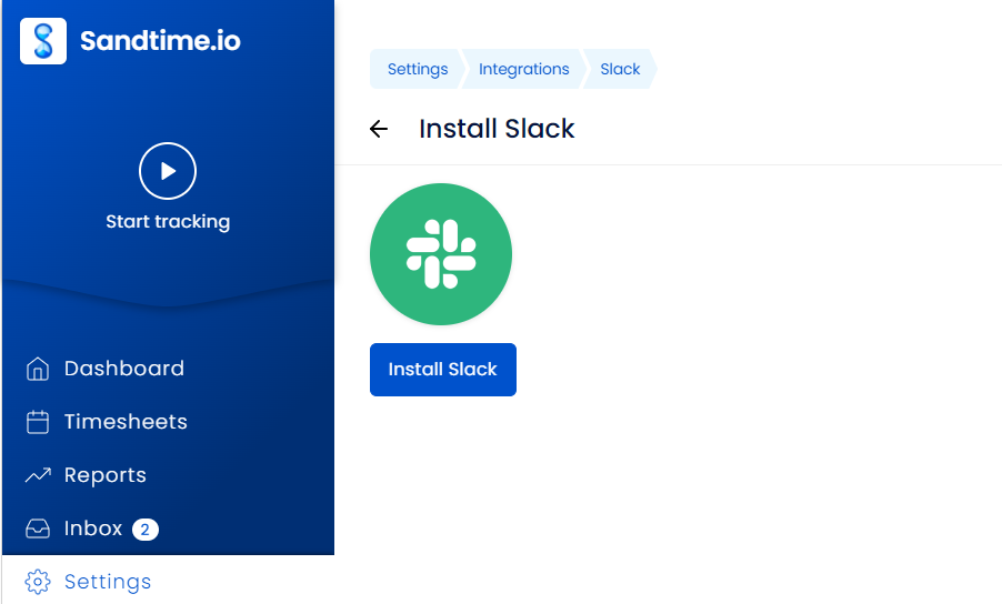 The Install Slack page in Sandtime.io, reached through the Settings, Integrations, Slack breadcrumb, with a single Install Slack button.