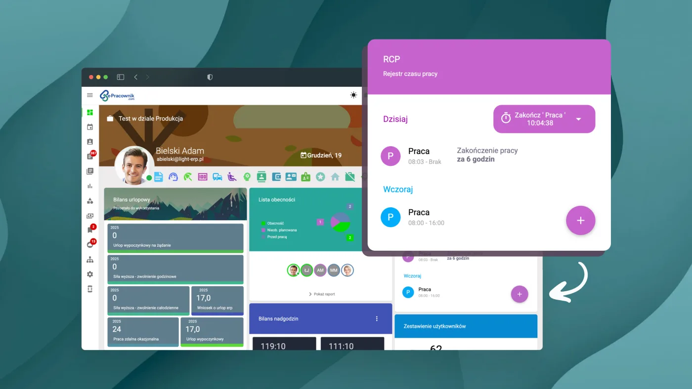 e-Pracownik time register widget with an end-work button and entries beside the employee dashboard