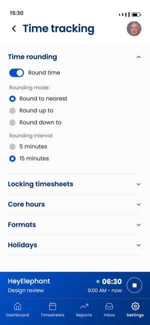 Les paramètres de suivi du temps Sandtime.io sur iPhone, avec les options d'arrondi et les sections repliables