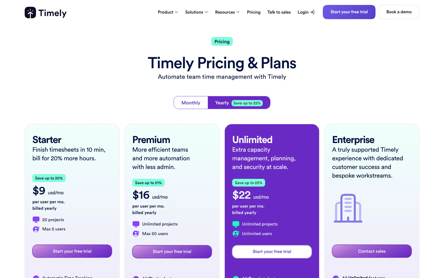 Timely pricing page on yearly billing with Starter at 9 dollars for 20 projects and 5 users, Premium at 16 dollars for up to 50 users, and Unlimited at 22 dollars per user per month